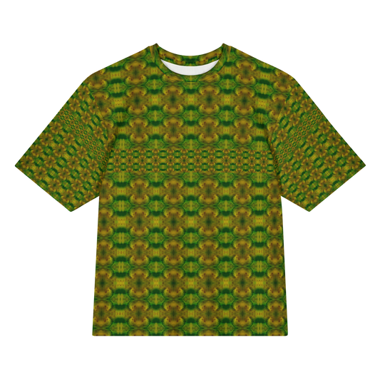 Front view of Purely Jade Light Cotton OverSized T-Shirt with green-gold medallion repeats and a horizontal small lattice band across the body, and patterned sleeves by RJSTH.
