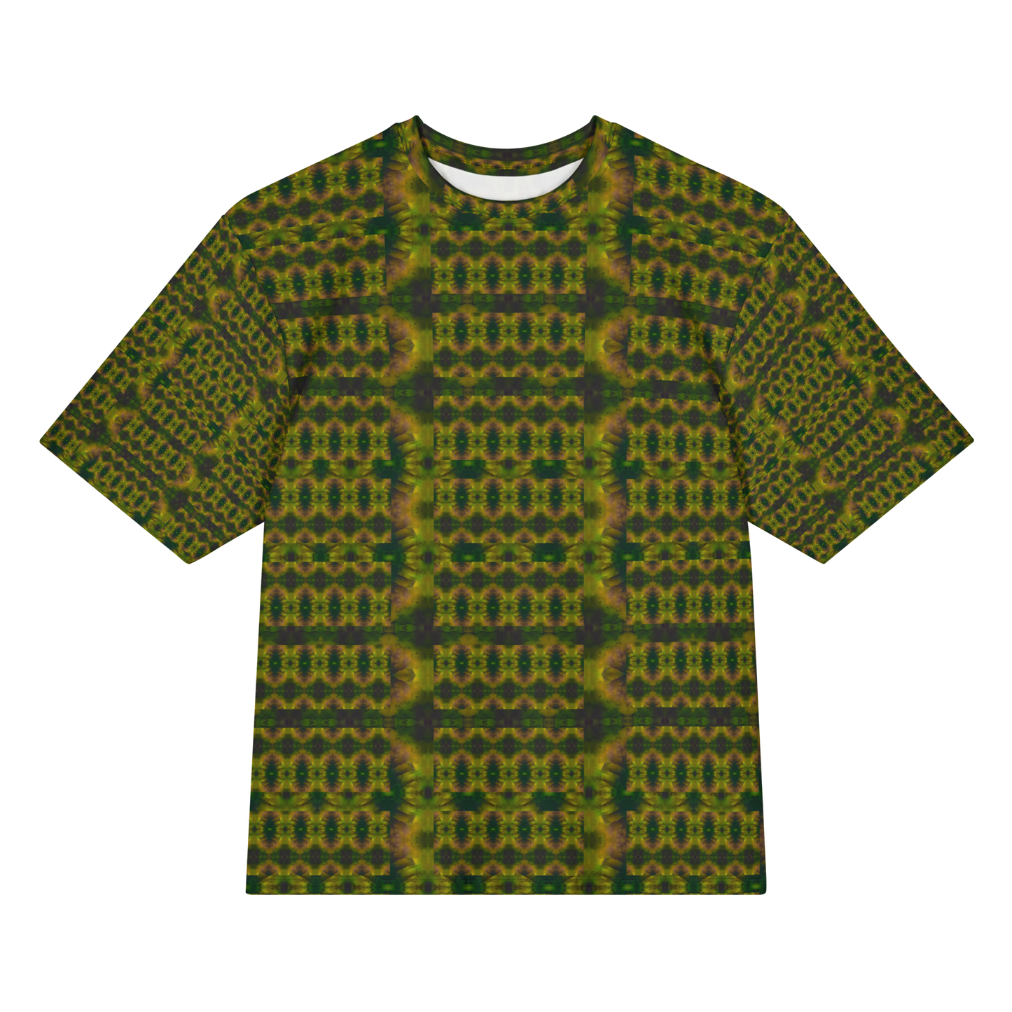 Front view of Purely Jade Light Cotton OverSized T-Shirt with dark green and gold vertical small medallion rows with darker side columns, and patterned sleeves by RJSTH.