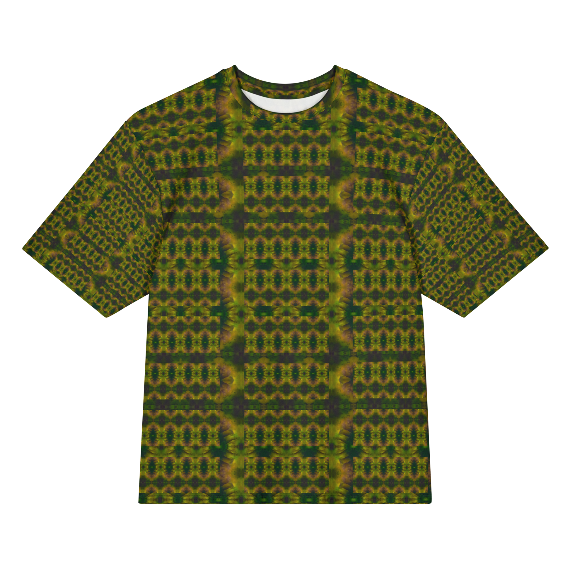 Front view of Purely Jade Light Cotton OverSized T-Shirt with dark green and gold vertical small medallion rows with darker side columns, and patterned sleeves by RJSTH.