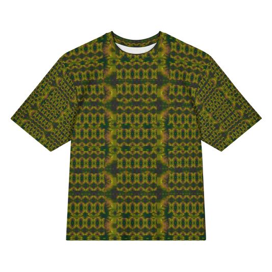 Front view of Purely Jade Light Cotton OverSized T-Shirt with dark green and gold vertical small medallion rows with darker side columns, and patterned sleeves by RJSTH.