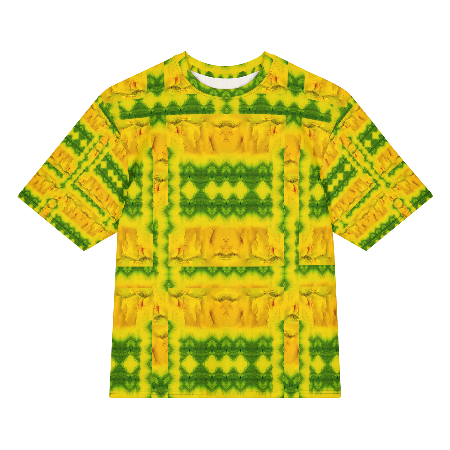 Front view of Purely Jade Light Cotton OverSized T-Shirt with bright yellow-gold rectangular chamber composition and green banding, and patterned sleeves by RJSTH.