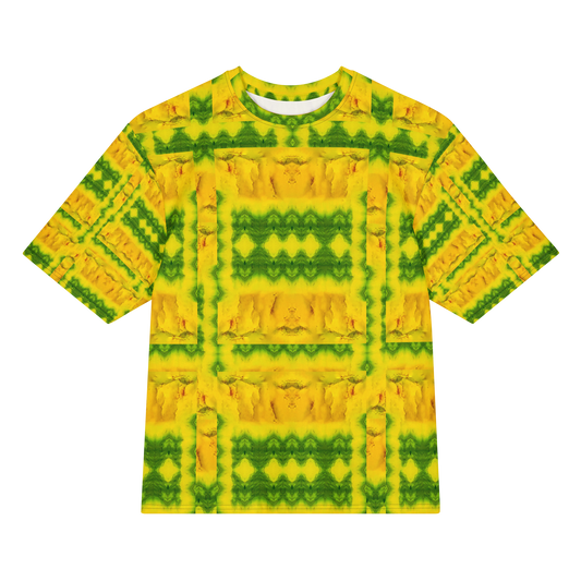 Front view of Purely Jade Light Cotton OverSized T-Shirt with bright yellow-gold rectangular chamber composition and green banding, and patterned sleeves by RJSTH.