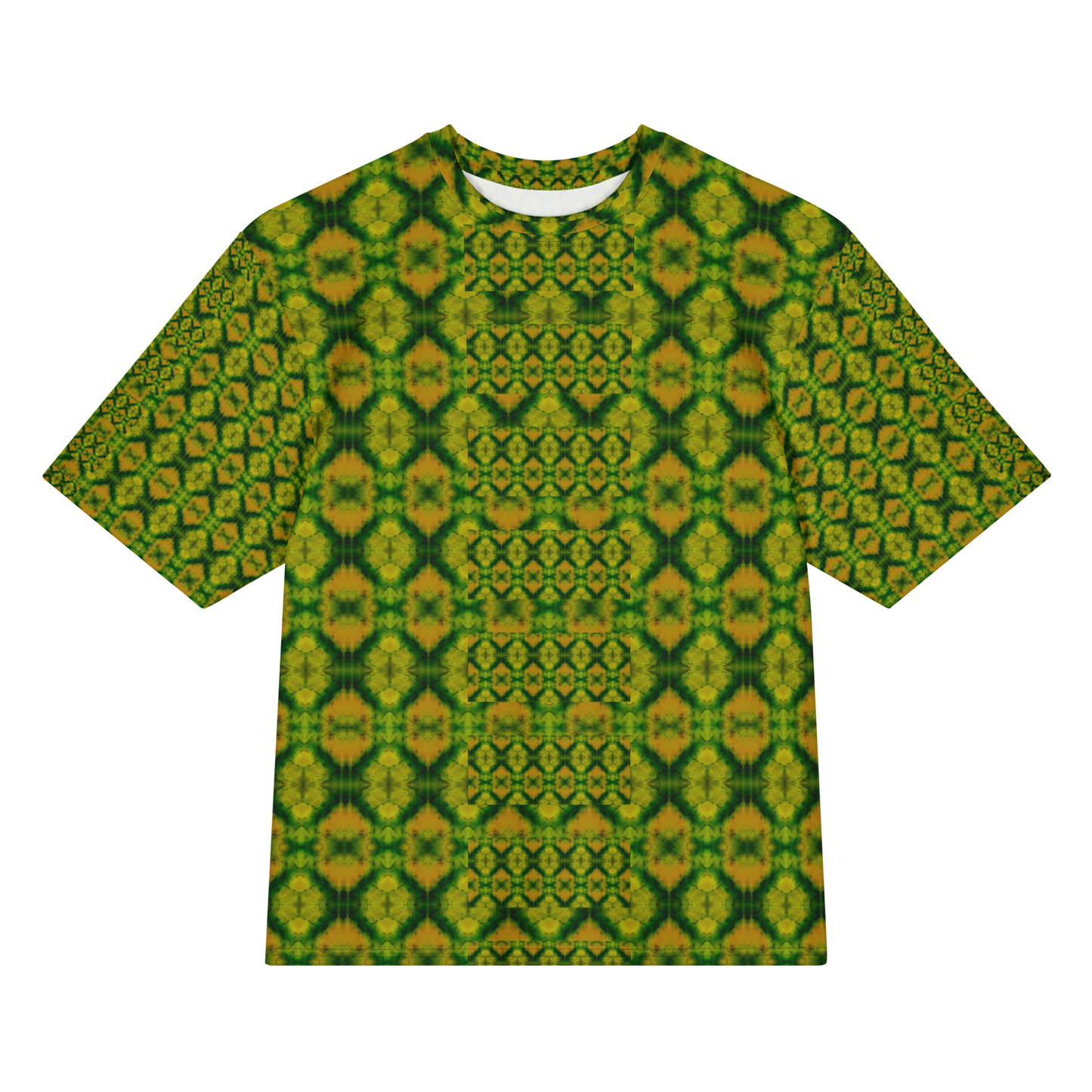 Front view of Purely Jade Light Cotton OverSized T-Shirt with green-and-gold jade print, mirrored diamond lattice, small medallion grid by RJSTH.