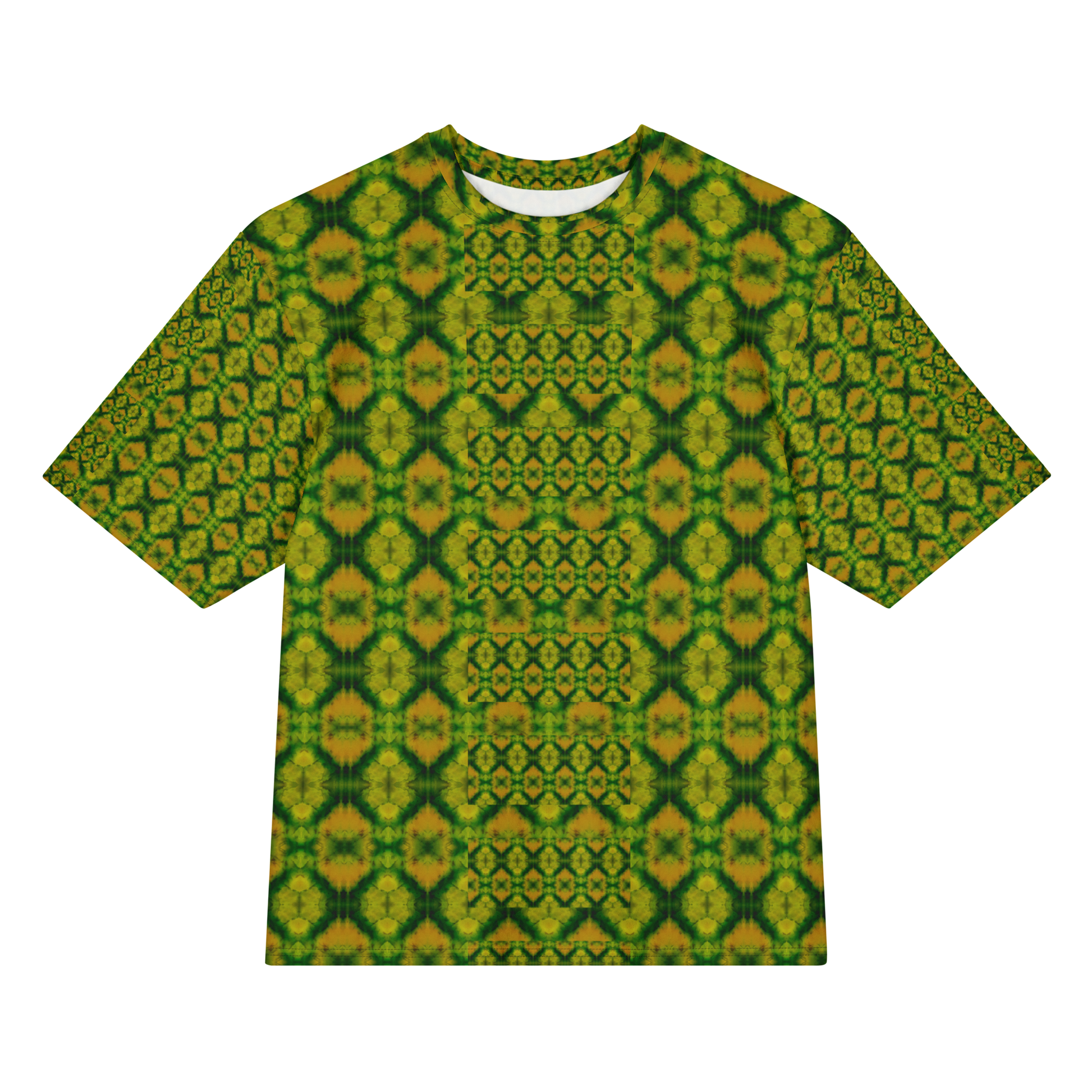 Front view of Purely Jade Light Cotton OverSized T-Shirt with green-and-gold jade print, mirrored diamond lattice, small medallion grid by RJSTH.