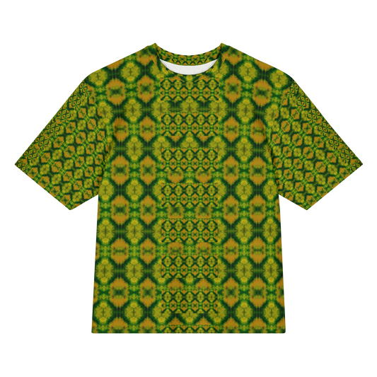 Front view of Purely Jade Light Cotton OverSized T-Shirt with green-and-gold jade print, mirrored diamond lattice, small medallion grid by RJSTH.