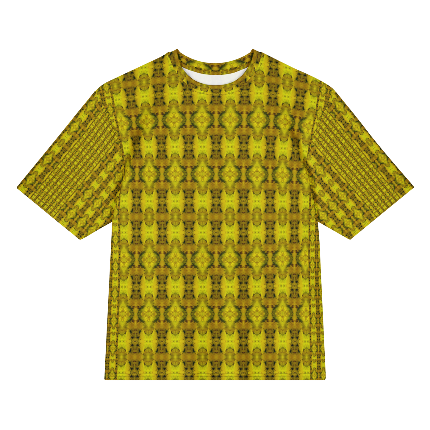 Front view of Purely Jade Light Cotton OverSized T-Shirt with gold-dominant dense medallion chamber repeat, and patterned sleeves by RJSTH.