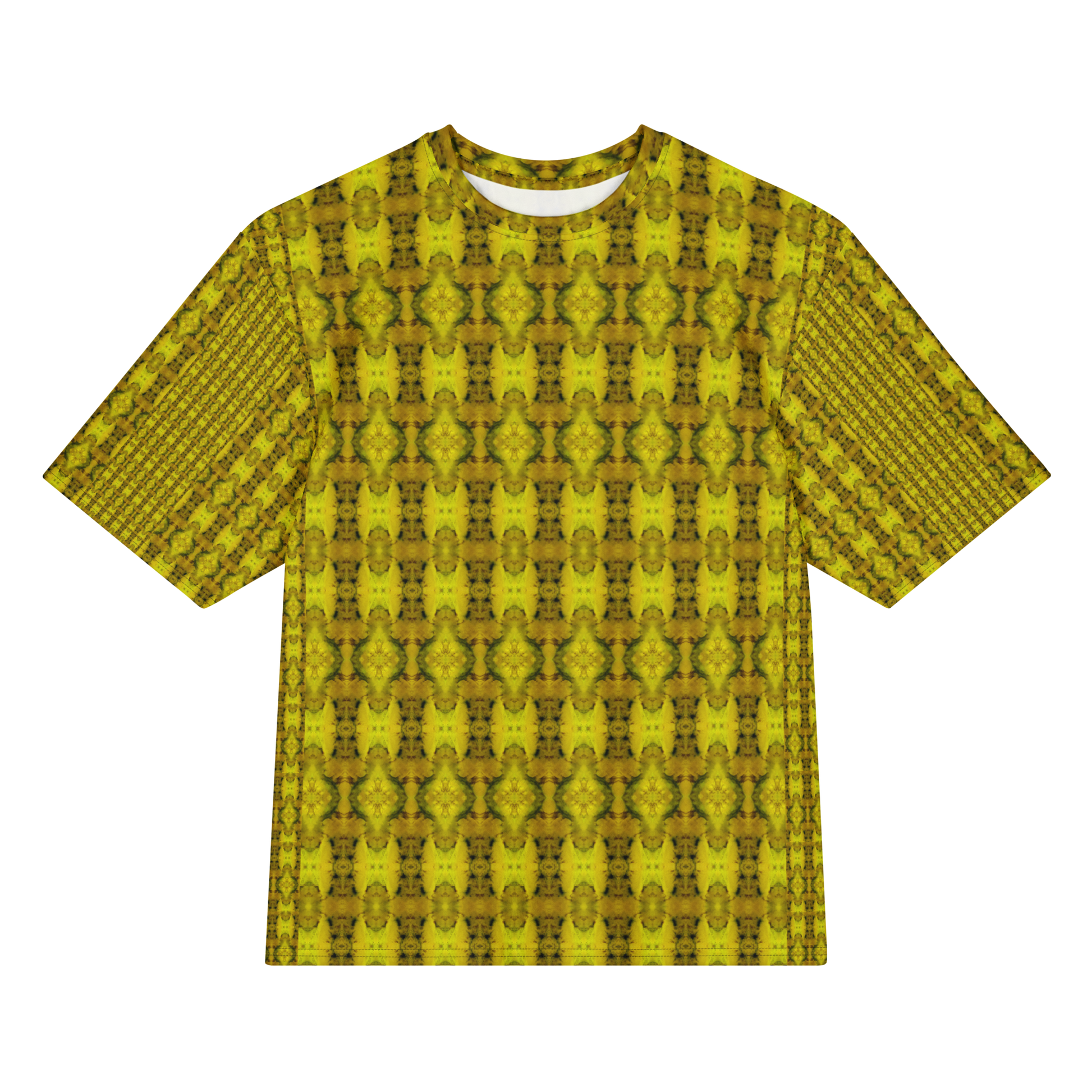 Front view of Purely Jade Light Cotton OverSized T-Shirt with gold-dominant dense medallion chamber repeat, and patterned sleeves by RJSTH.