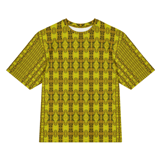 Front view of Purely Jade Light Cotton OverSized T-Shirt with gold-dominant dense medallion chamber repeat, and patterned sleeves by RJSTH.