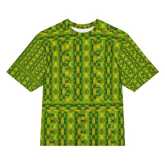 Front view of Purely Jade Light Cotton OverSized T-Shirt with green-and-gold vertical jade lattice columns, diagonal sleeve panels, and a broad horizontal chamber band by RJSTH.