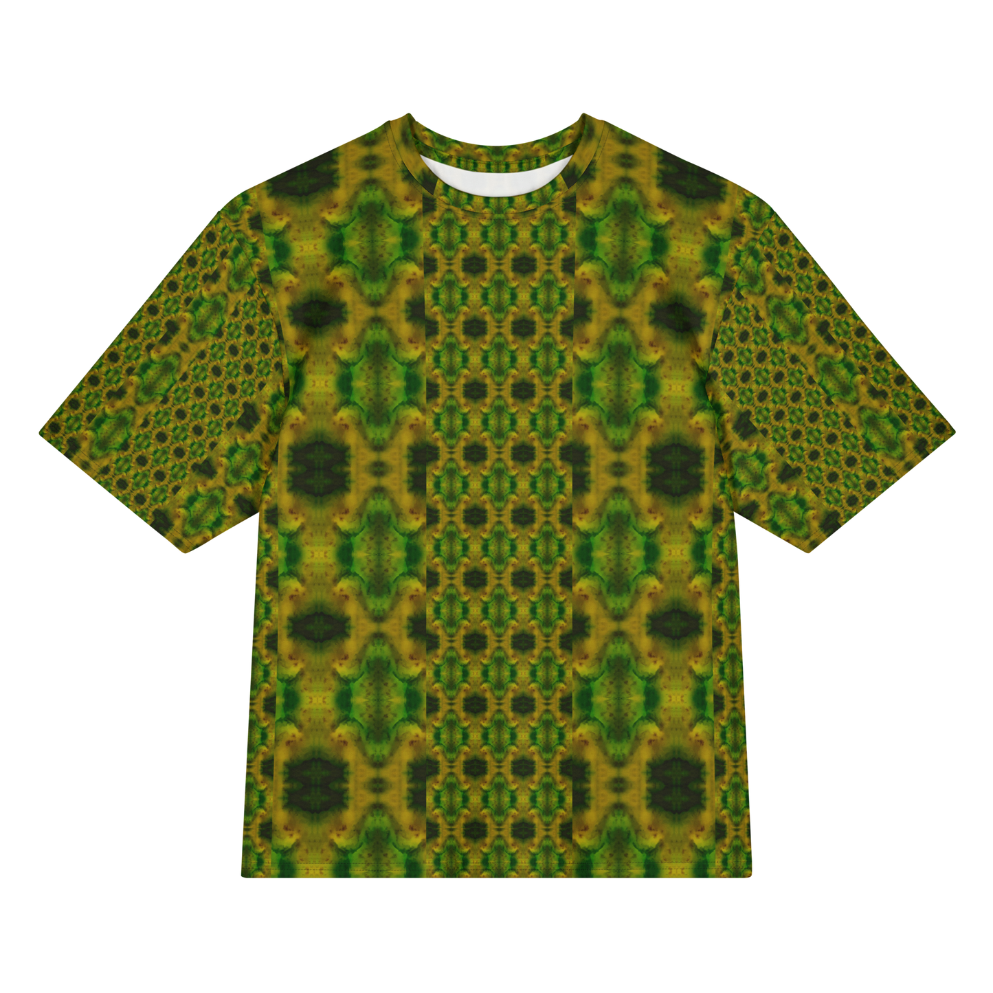 Front view of Purely Jade Light Cotton OverSized T-Shirt with green-yellow vertical composition, central small medallion column, and darker side panels, and patterned sleeves by RJSTH.