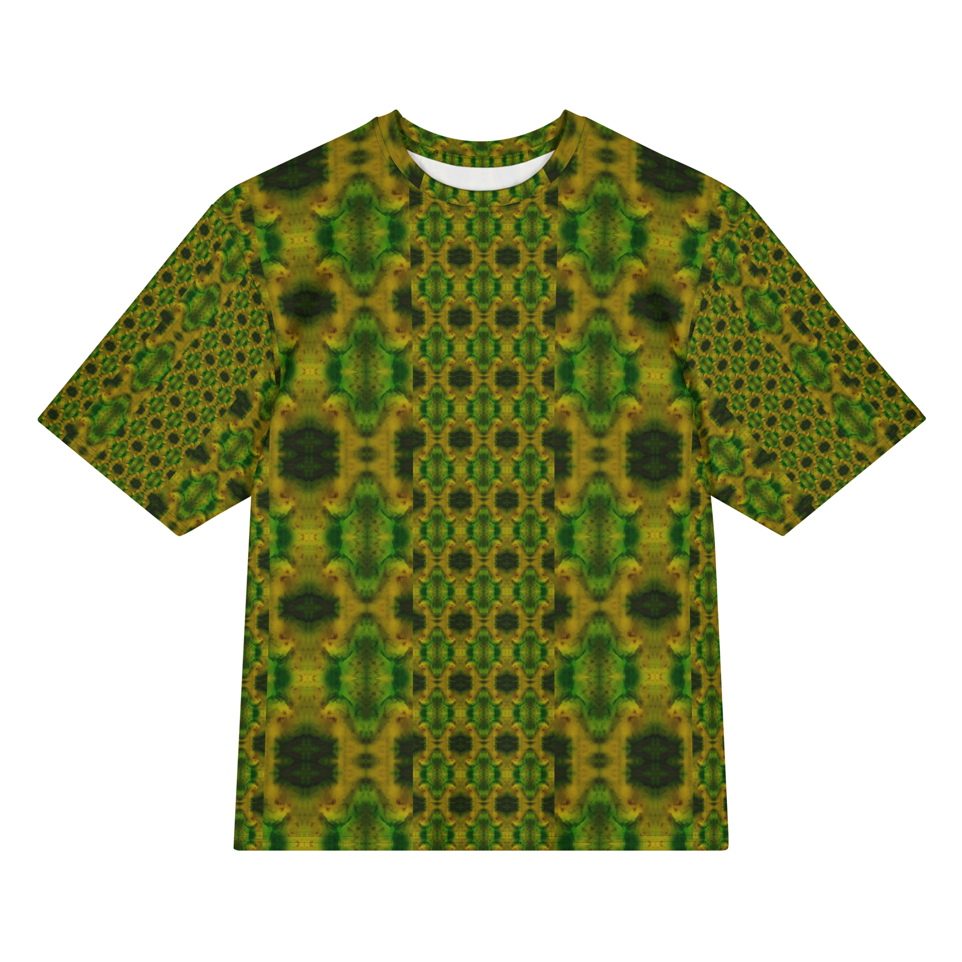 Front view of Purely Jade Light Cotton OverSized T-Shirt with green-yellow vertical composition, central small medallion column, and darker side panels, and patterned sleeves by RJSTH.