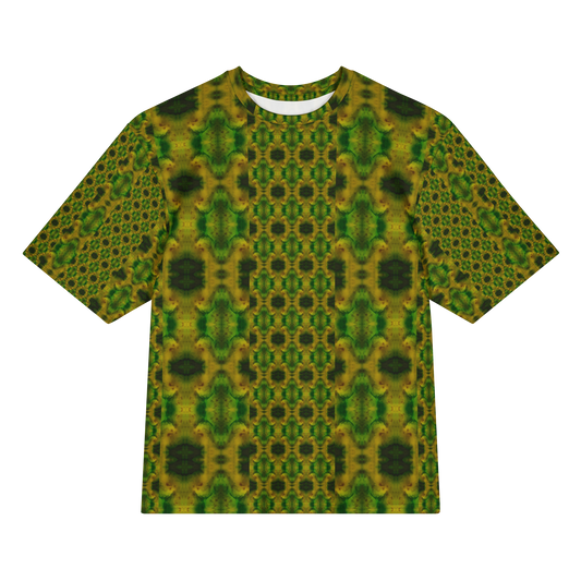 Front view of Purely Jade Light Cotton OverSized T-Shirt with green-yellow vertical composition, central small medallion column, and darker side panels, and patterned sleeves by RJSTH.