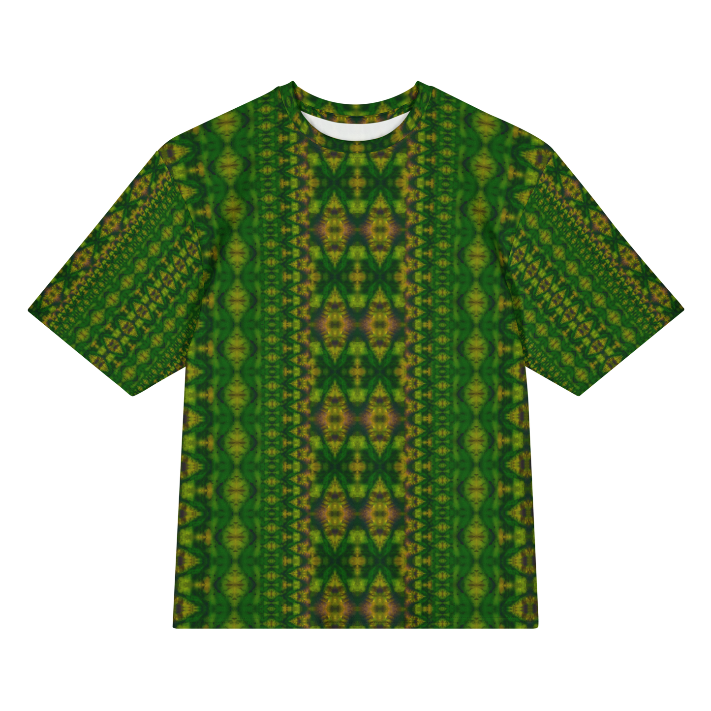 Front view of Purely Jade Light Cotton OverSized T-Shirt with dark green vertical lattice columns, yellow medallion highlights, and central mirrored column, and patterned sleeves by RJSTH.