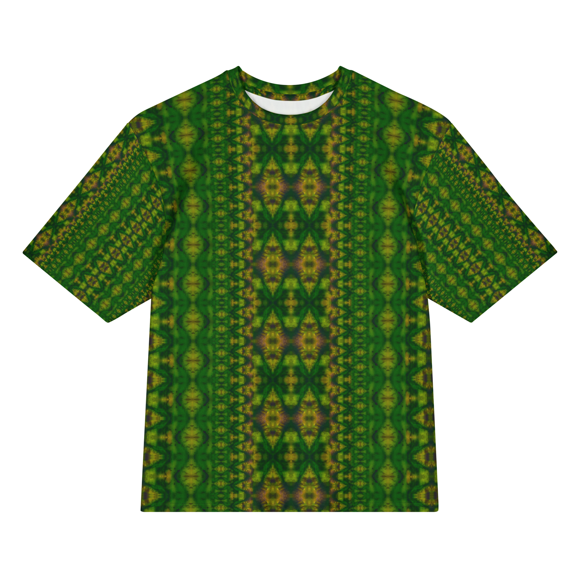 Front view of Purely Jade Light Cotton OverSized T-Shirt with dark green vertical lattice columns, yellow medallion highlights, and central mirrored column, and patterned sleeves by RJSTH.