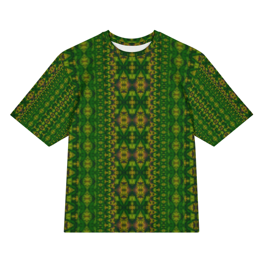 Front view of Purely Jade Light Cotton OverSized T-Shirt with dark green vertical lattice columns, yellow medallion highlights, and central mirrored column, and patterned sleeves by RJSTH.