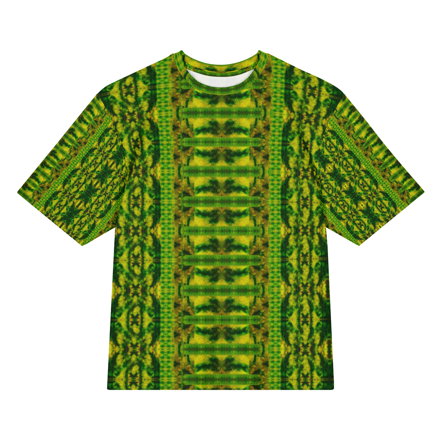 Front view of Purely Jade Light Cotton OverSized T-Shirt with green-yellow vertical panel layout, broad ladder-like central chamber band, and dense side lattice, and patterned sleeves by RJSTH.