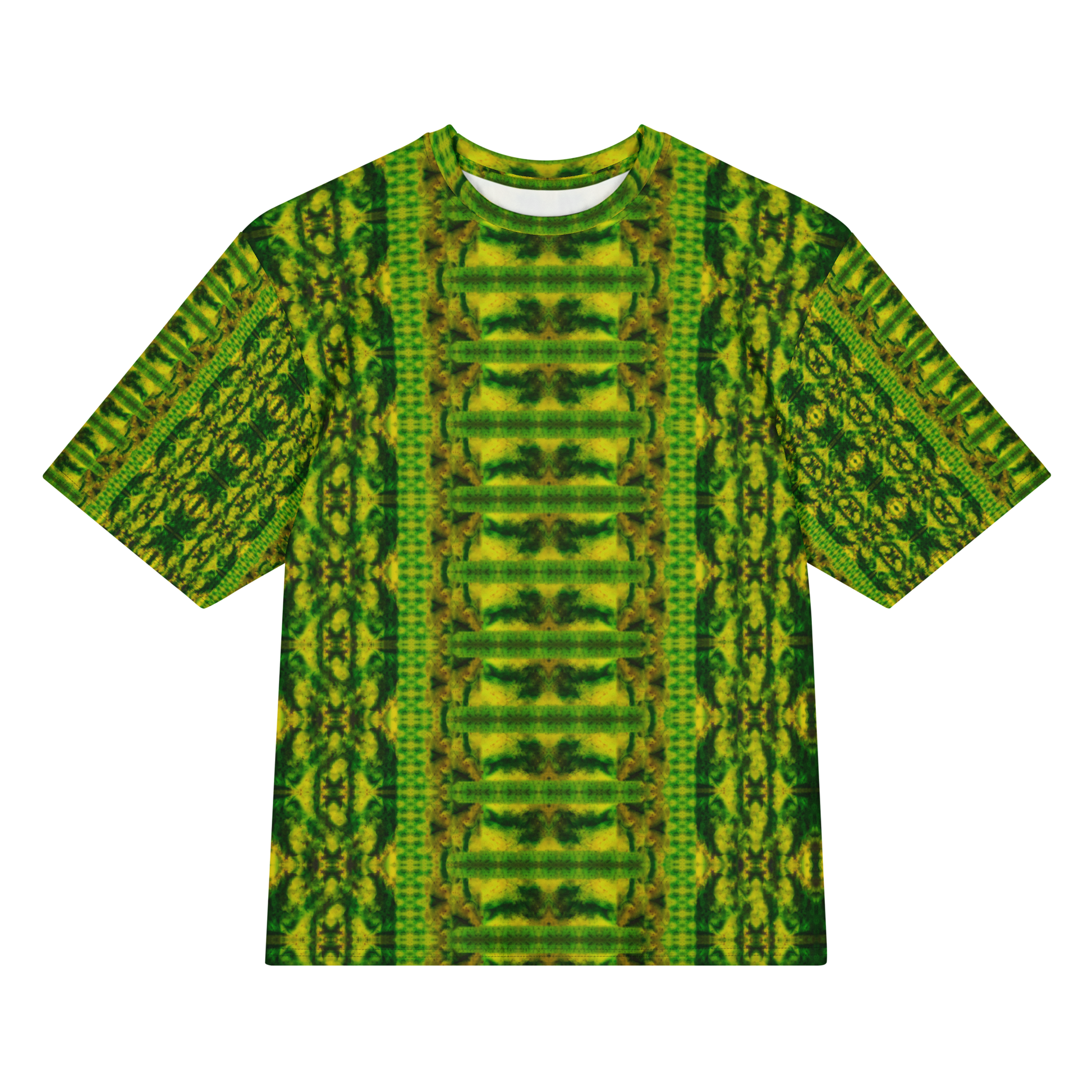 Front view of Purely Jade Light Cotton OverSized T-Shirt with green-yellow vertical panel layout, broad ladder-like central chamber band, and dense side lattice, and patterned sleeves by RJSTH.