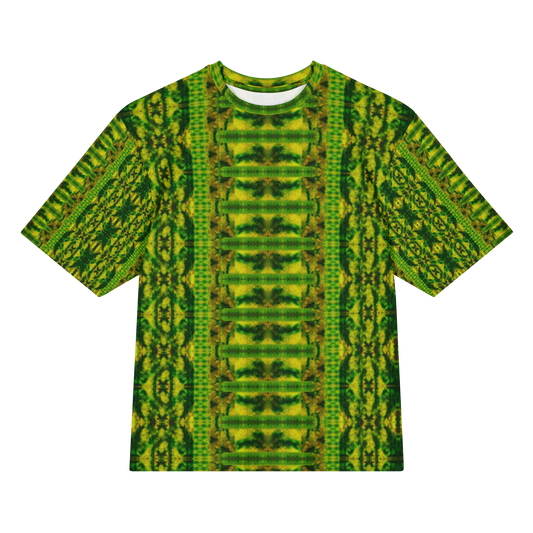 Front view of Purely Jade Light Cotton OverSized T-Shirt with green-yellow vertical panel layout, broad ladder-like central chamber band, and dense side lattice, and patterned sleeves by RJSTH.