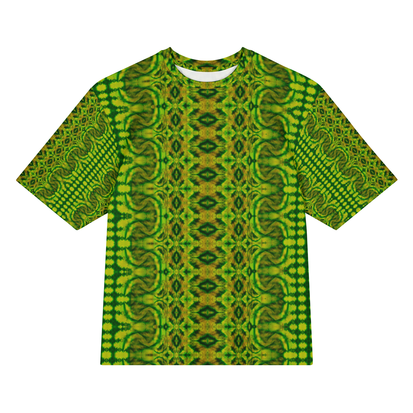Front view of Purely Jade Light Cotton OverSized T-Shirt with green-yellow ornate vertical lattice, wavy borders, and a central medallion diamond column, and patterned sleeves by RJSTH.