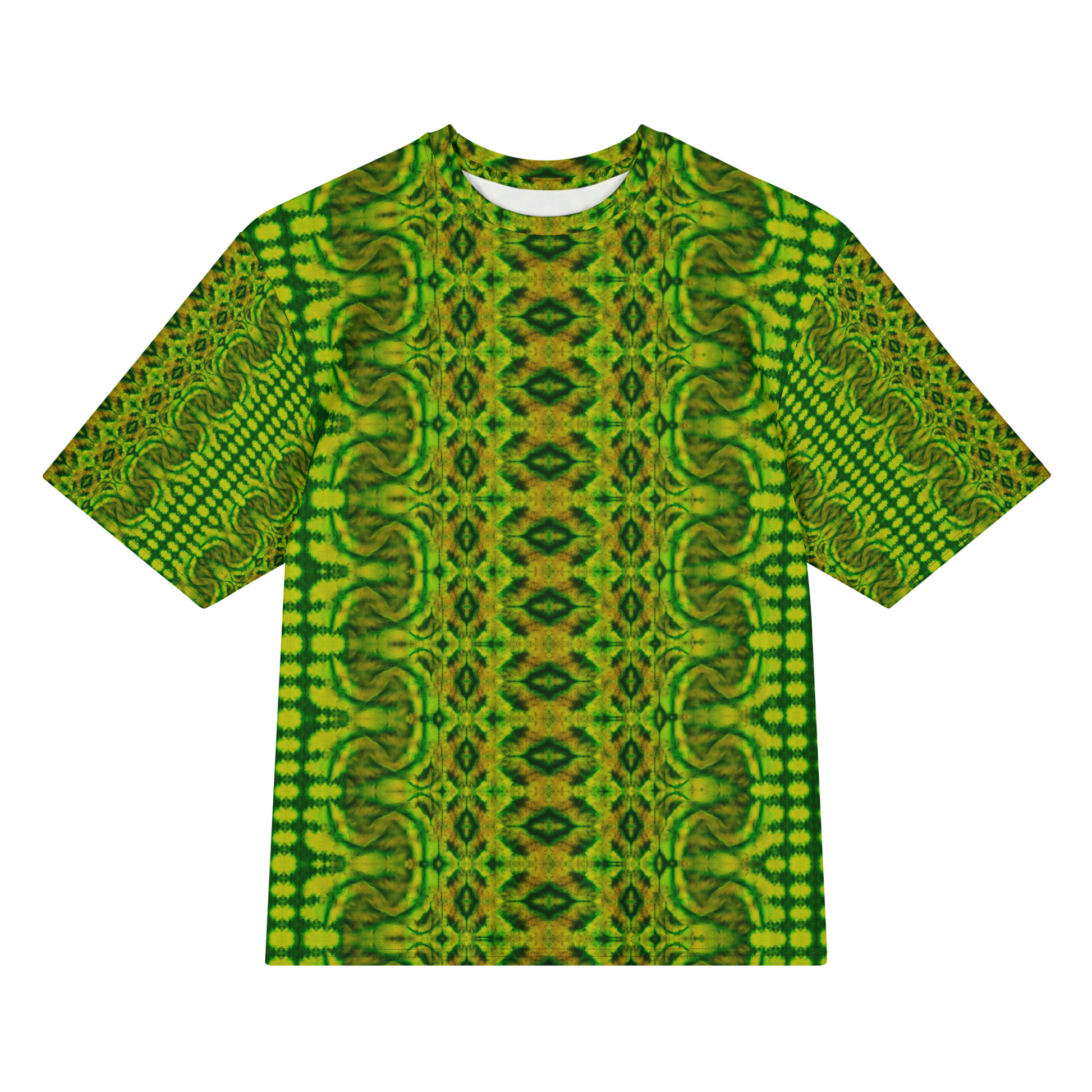 Front view of Purely Jade Light Cotton OverSized T-Shirt with green-yellow ornate vertical lattice, wavy borders, and a central medallion diamond column, and patterned sleeves by RJSTH.