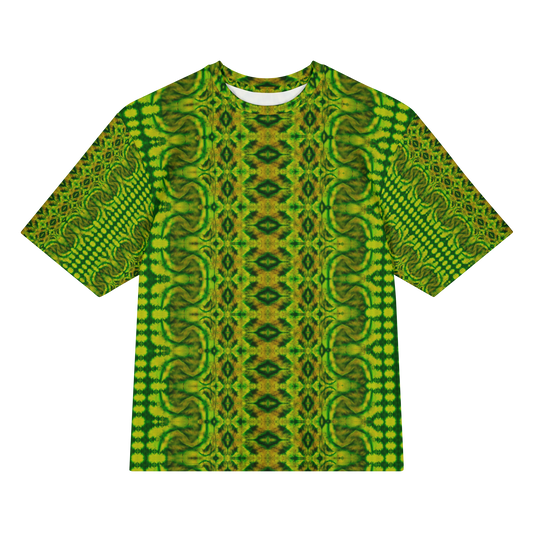 Front view of Purely Jade Light Cotton OverSized T-Shirt with green-yellow ornate vertical lattice, wavy borders, and a central medallion diamond column, and patterned sleeves by RJSTH.