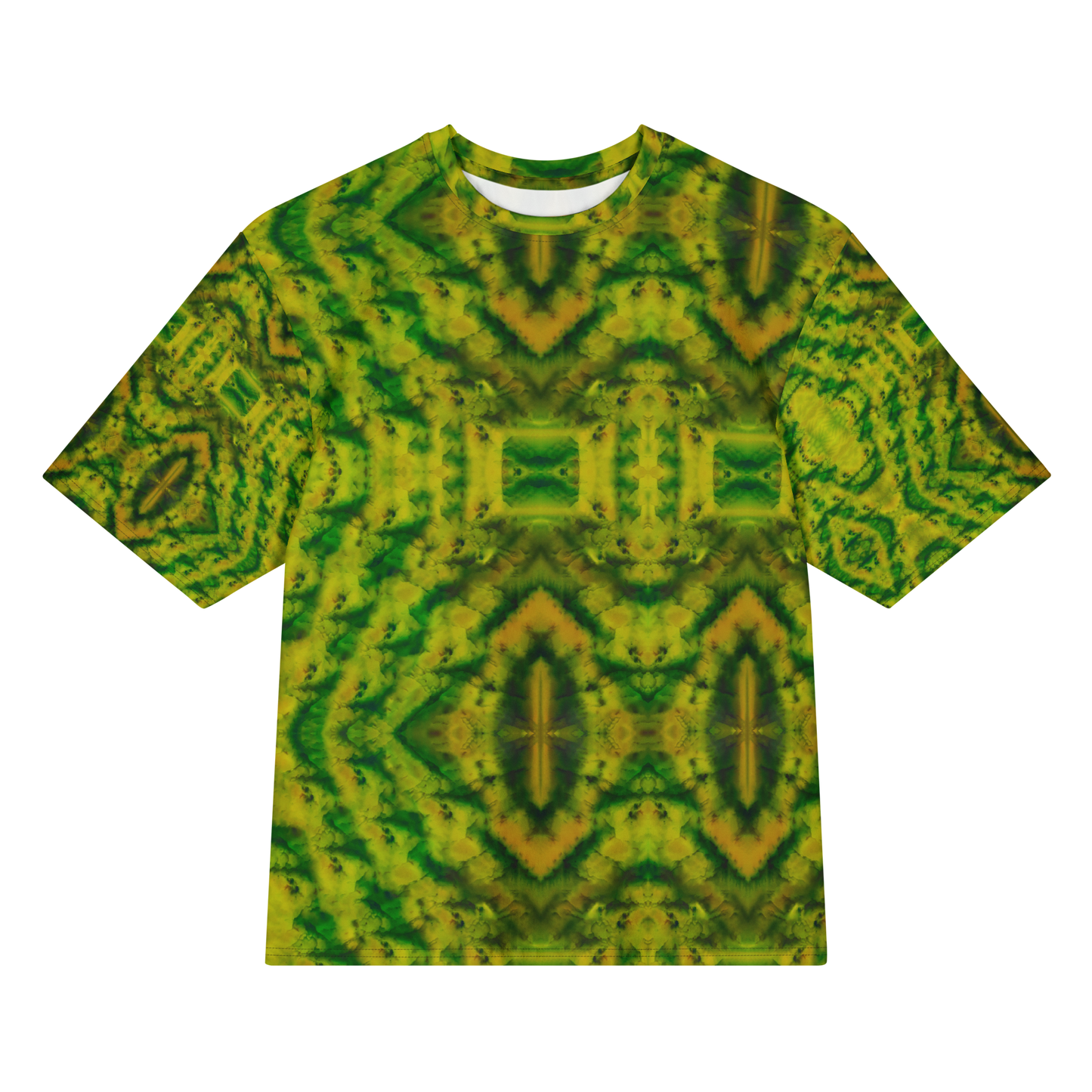 Front view of Purely Jade Light Cotton OverSized T-Shirt with yellow-green mirrored field, centered rectangular chamber forms, and vertical diamond motifs, and patterned sleeves by RJSTH.
