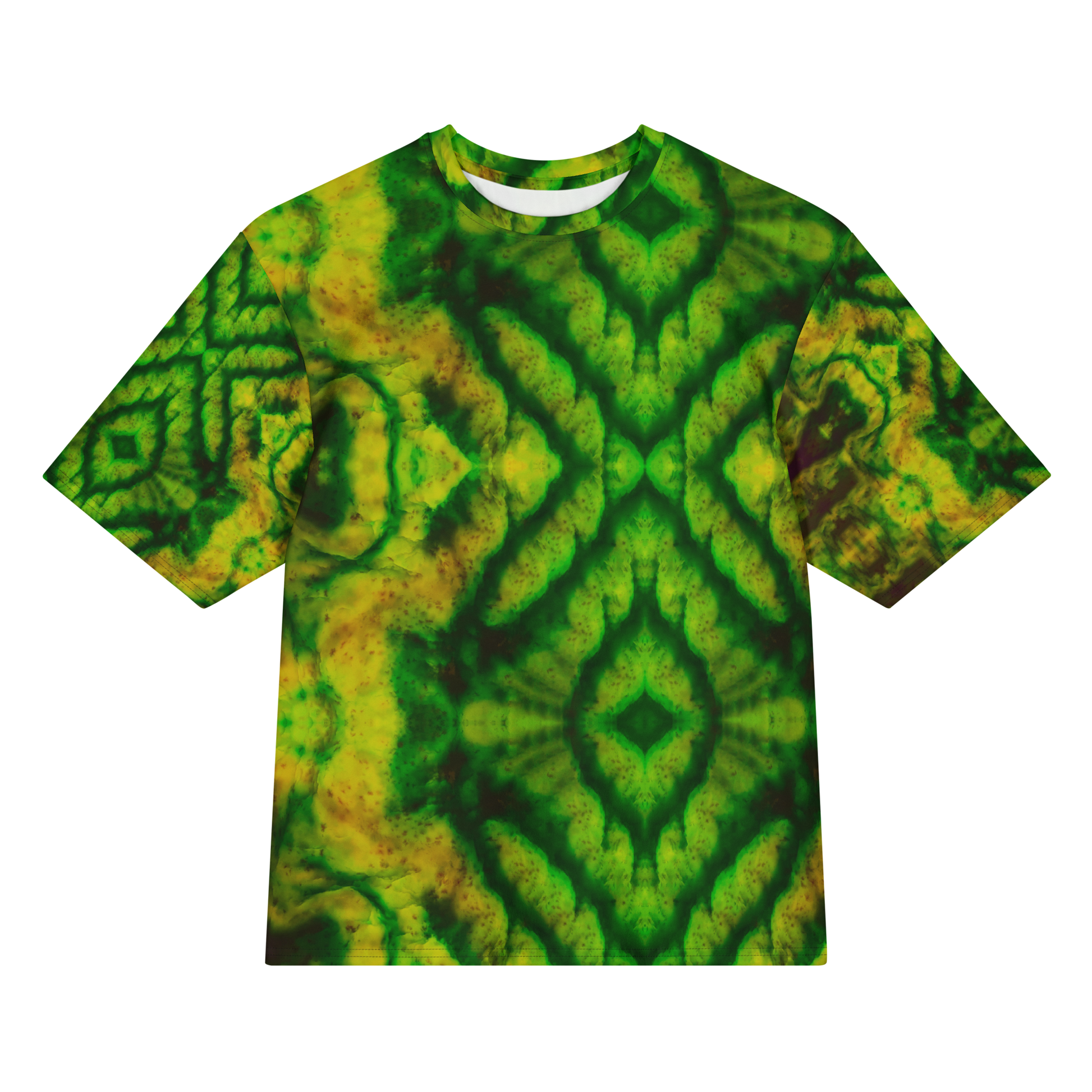 Front view of Purely Jade Light Cotton OverSized T-Shirt with green-yellow mirrored diamond field and large dark green central chamber forms, and patterned sleeves by RJSTH.