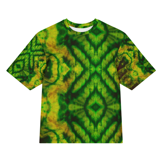 Front view of Purely Jade Light Cotton OverSized T-Shirt with green-yellow mirrored diamond field and large dark green central chamber forms, and patterned sleeves by RJSTH.