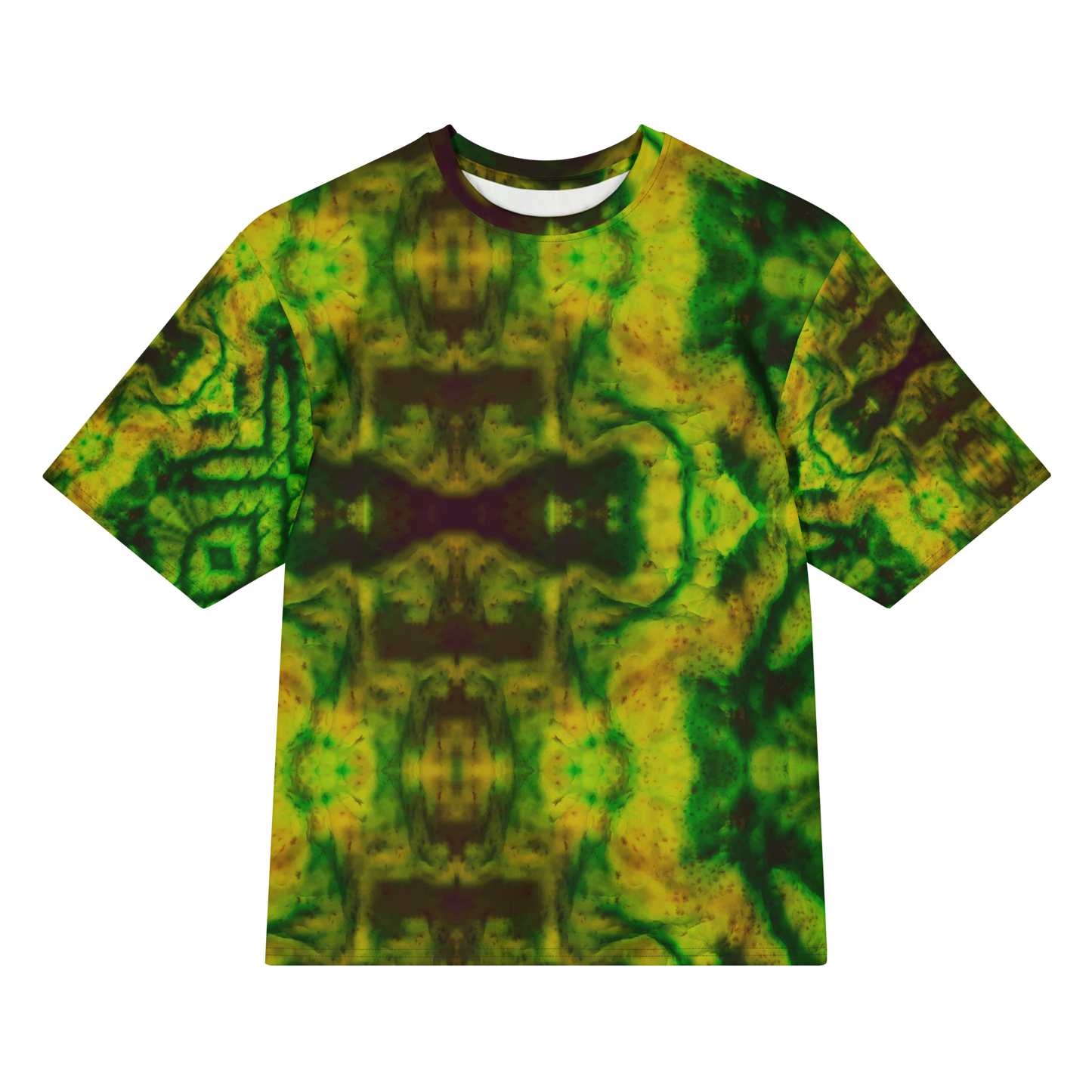 Front view of Purely Jade Light Cotton OverSized T-Shirt with green-yellow mineral field and a broad dark central mirrored form, and patterned sleeves by RJSTH.