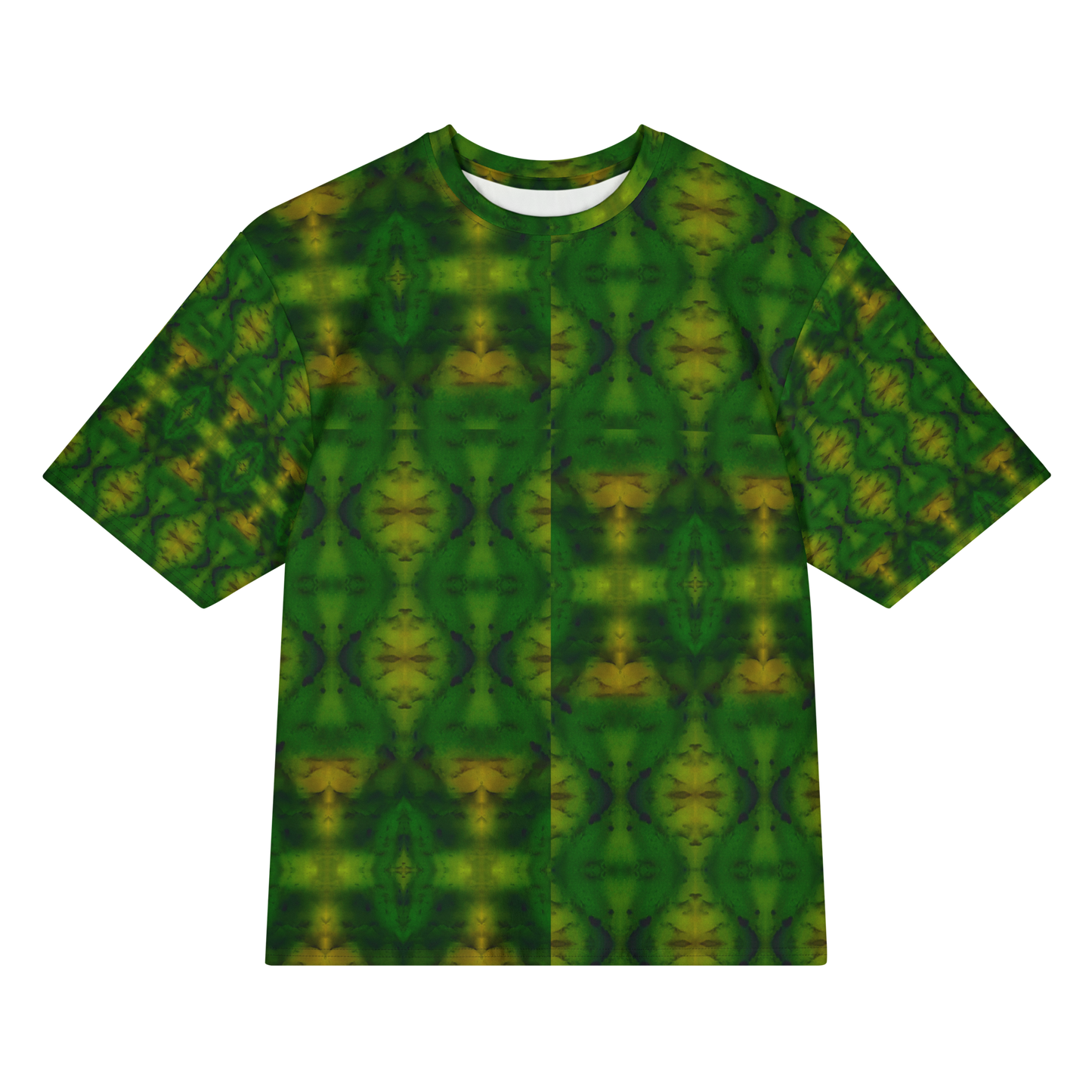 Front view of Purely Jade Light Cotton OverSized T-Shirt with green field, vertical mirrored urn and diamond columns, and yellow highlights, and patterned sleeves by RJSTH.