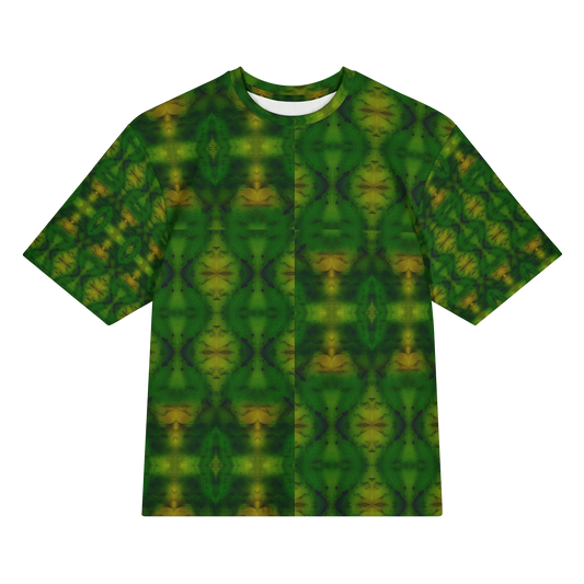 Front view of Purely Jade Light Cotton OverSized T-Shirt with green field, vertical mirrored urn and diamond columns, and yellow highlights, and patterned sleeves by RJSTH.