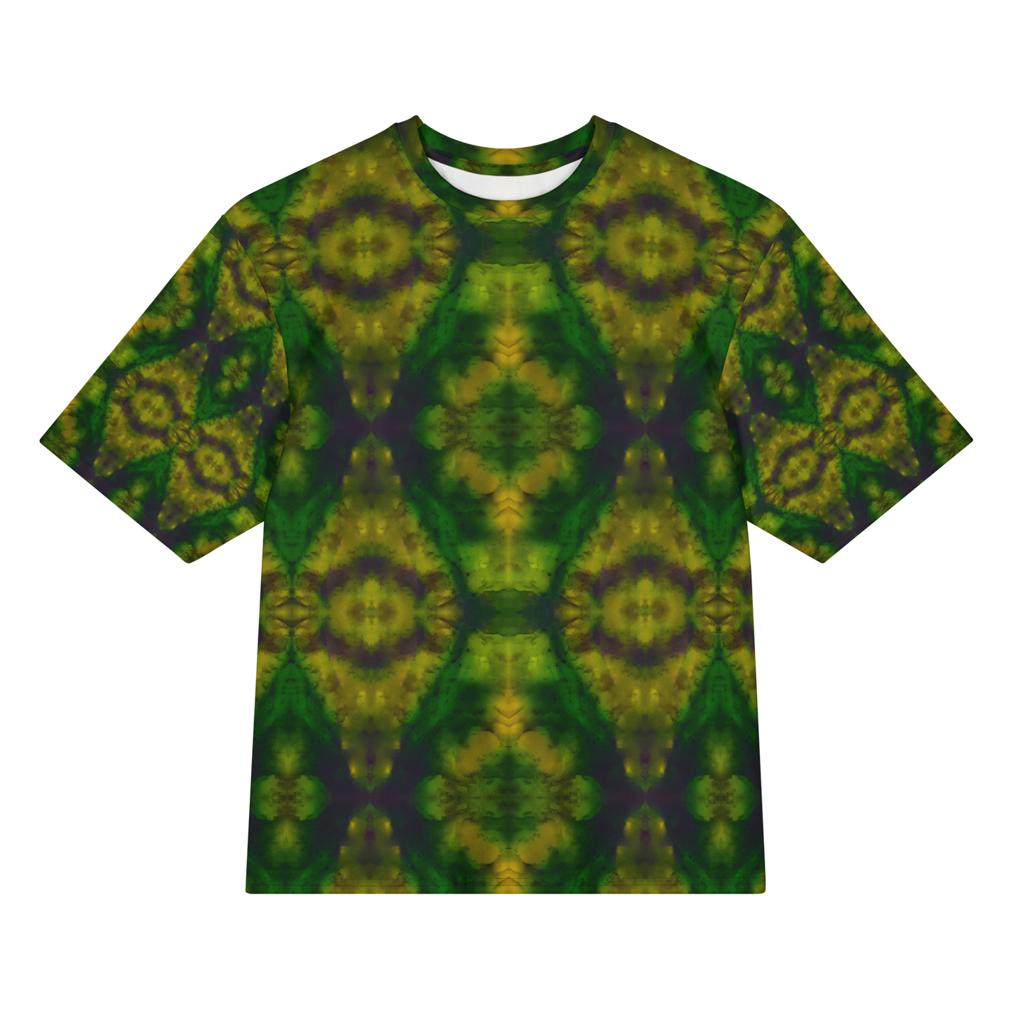 Front view of Purely Jade Light Cotton OverSized T-Shirt with dark green mirrored field and large yellow-green circular bloom medallions, and patterned sleeves by RJSTH.