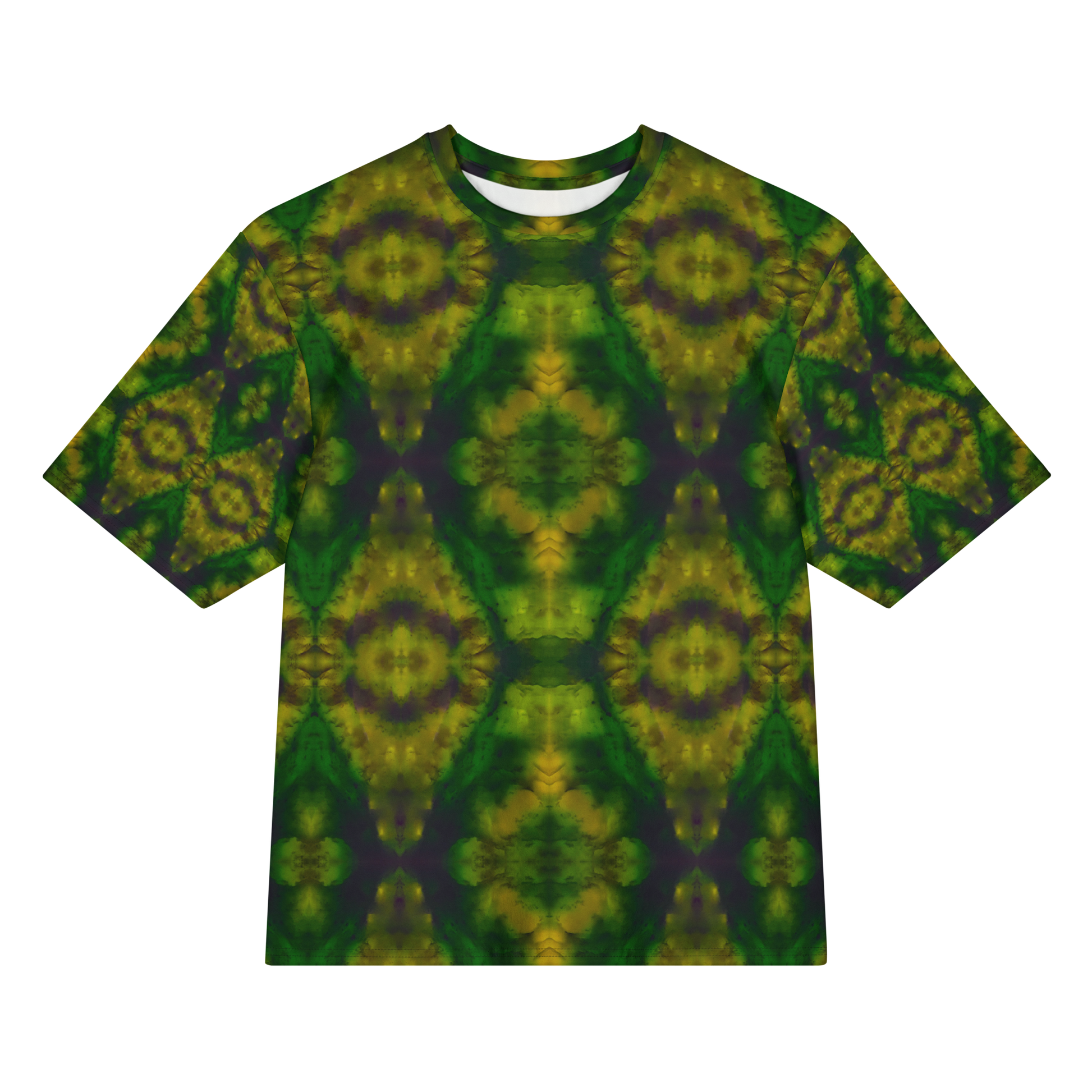 Front view of Purely Jade Light Cotton OverSized T-Shirt with dark green mirrored field and large yellow-green circular bloom medallions, and patterned sleeves by RJSTH.