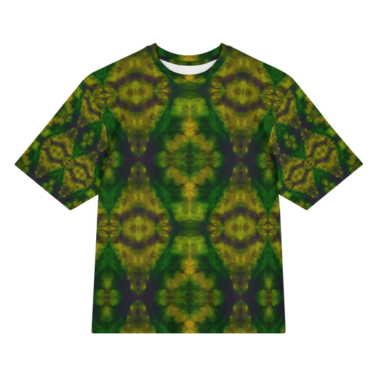 Front view of Purely Jade Light Cotton OverSized T-Shirt with dark green mirrored field and large yellow-green circular bloom medallions, and patterned sleeves by RJSTH.