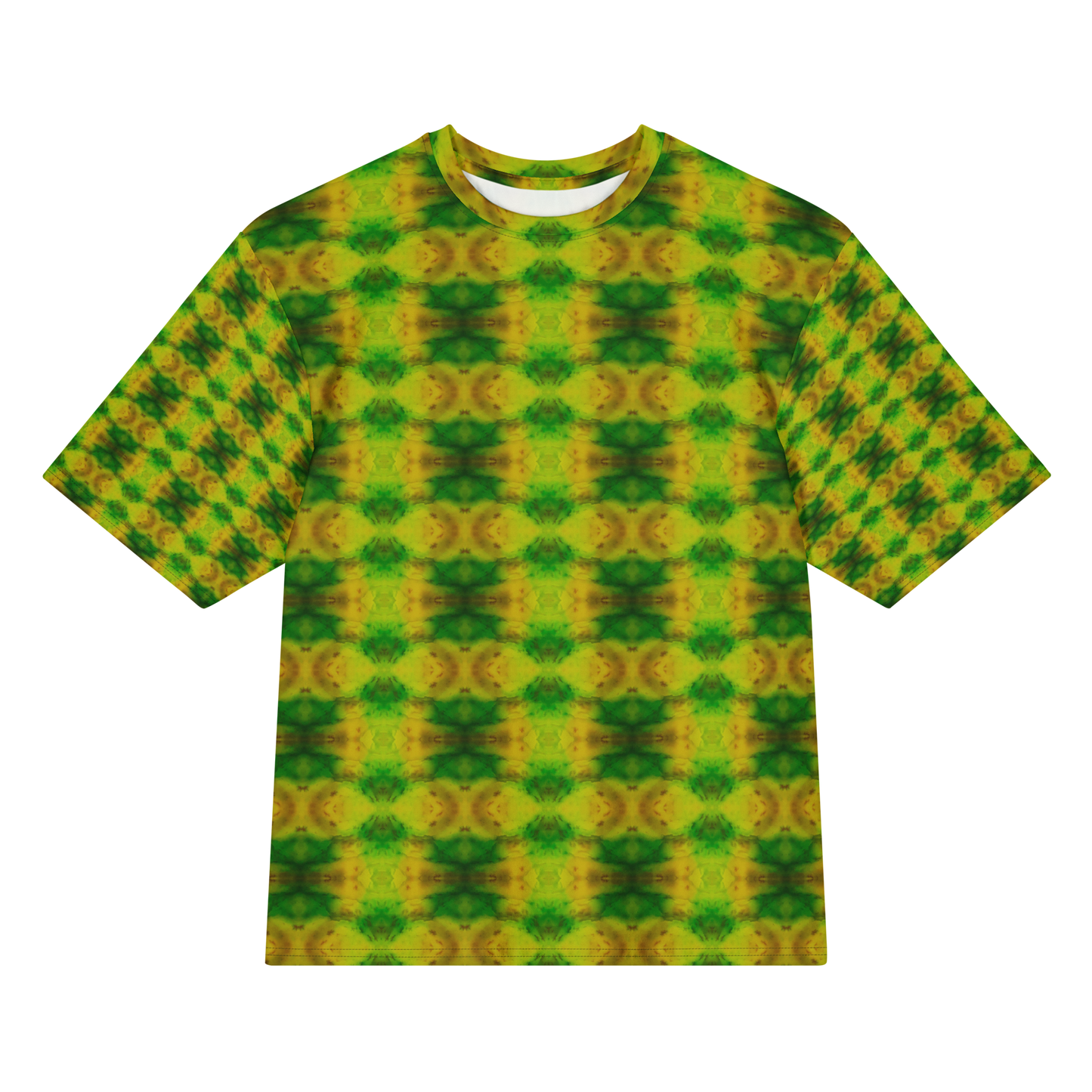 Front view of Purely Jade Light Cotton OverSized T-Shirt with bright green-yellow circular medallion rows over a soft clouded jade field, and patterned sleeves by RJSTH.