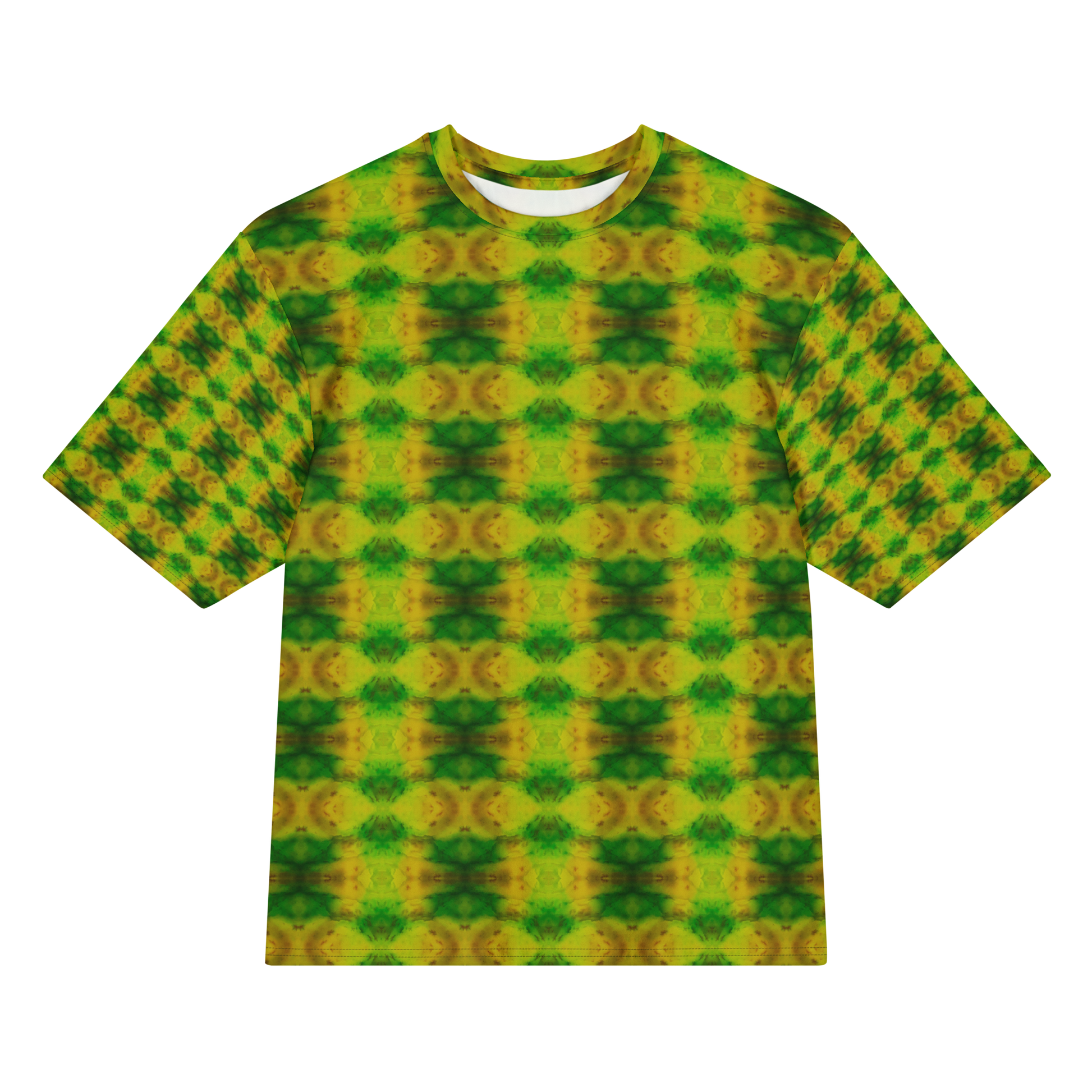 Front view of Purely Jade Light Cotton OverSized T-Shirt with bright green-yellow circular medallion rows over a soft clouded jade field, and patterned sleeves by RJSTH.