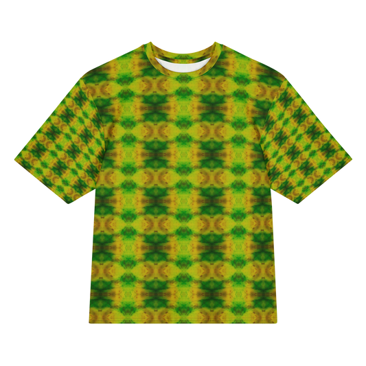 Front view of Purely Jade Light Cotton OverSized T-Shirt with bright green-yellow circular medallion rows over a soft clouded jade field, and patterned sleeves by RJSTH.