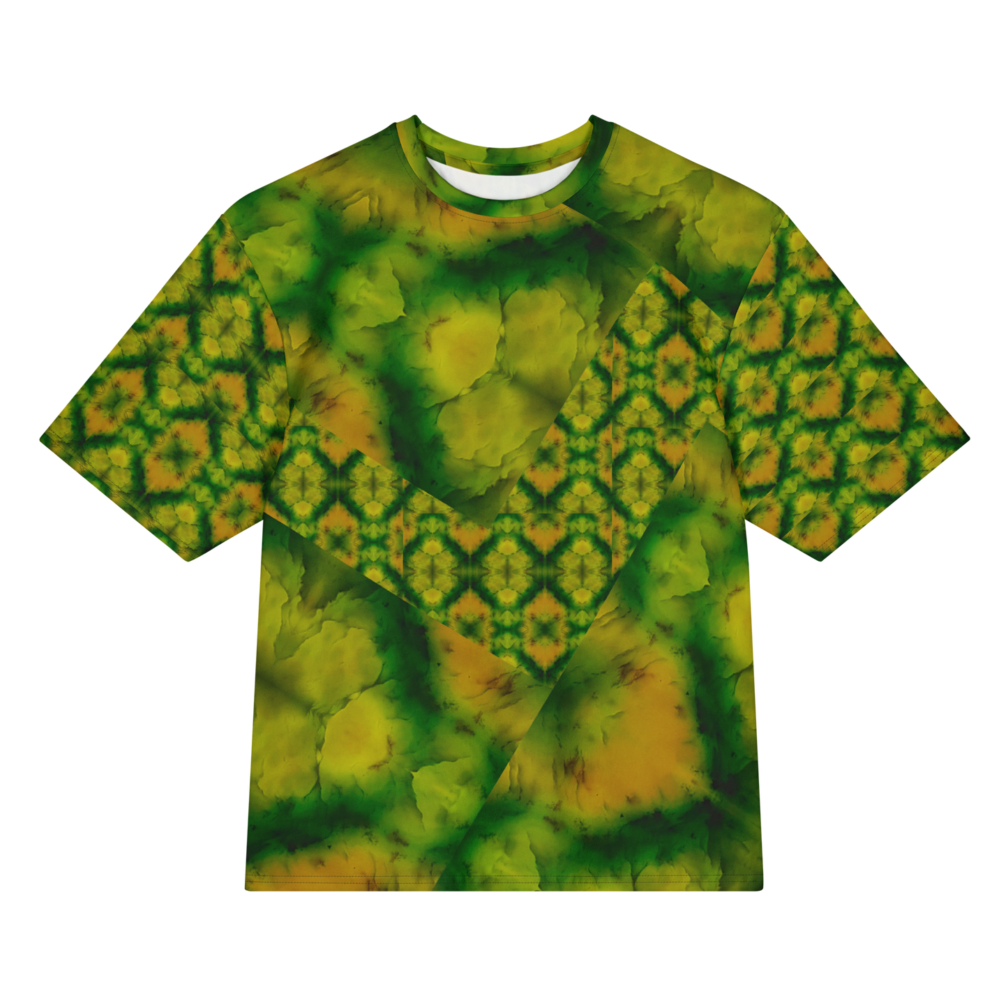Front view of Purely Jade Light Cotton OverSized T-Shirt with angular green-yellow patchwork, large soft jade planes, and a central diamond lattice wedge, and patterned sleeves by RJSTH.