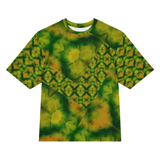 Front view of Purely Jade Light Cotton OverSized T-Shirt with angular green-yellow patchwork, large soft jade planes, and a central diamond lattice wedge, and patterned sleeves by RJSTH.