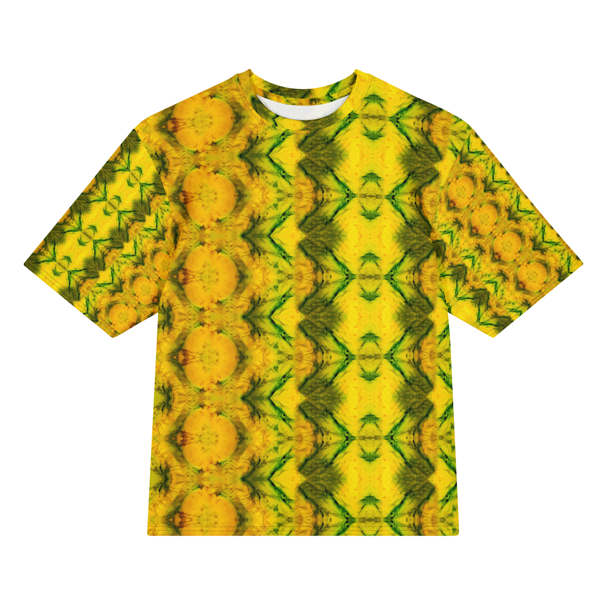 Front view of Purely Jade Light Cotton OverSized T-Shirt with yellow-gold jade print, large mirrored diamond panels, green veining, and round medallion columns by RJSTH.