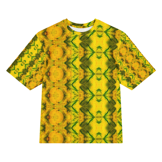 Front view of Purely Jade Light Cotton OverSized T-Shirt with yellow-gold jade print, large mirrored diamond panels, green veining, and round medallion columns by RJSTH.
