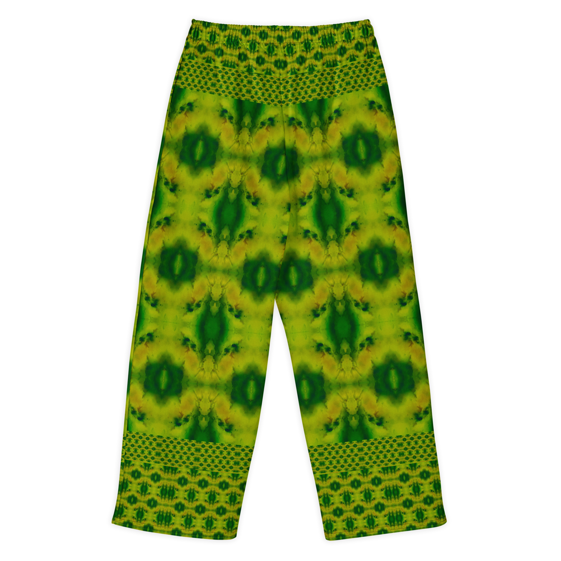 Back view of Purely Jade Light cotton wide leg trousers with elastic waistband and yellow-green jade print with large dark green oval medallions by River Jade Smithy.