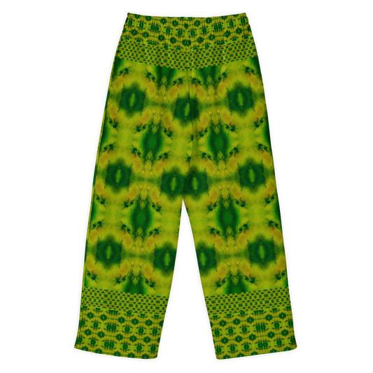 Back view of Purely Jade Light cotton wide leg trousers with elastic waistband and yellow-green jade print with large dark green oval medallions by River Jade Smithy.
