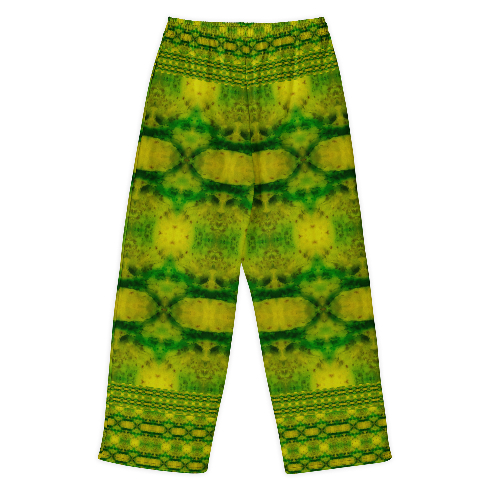 Back view of Purely Jade Light cotton wide leg trousers with elastic waistband and green-and-gold mirrored jade print with horizontal chamber bands by River Jade Smithy.