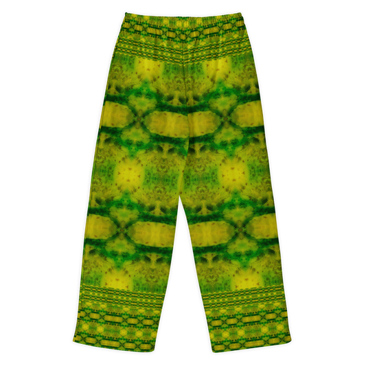 Back view of Purely Jade Light cotton wide leg trousers with elastic waistband and green-and-gold mirrored jade print with horizontal chamber bands by River Jade Smithy.