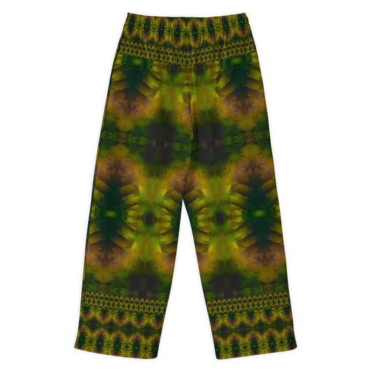 Back view of Purely Jade Light cotton wide leg trousers with elastic waistband and deep green-and-gold jade print with plum-shadowed large medallions by River Jade Smithy.