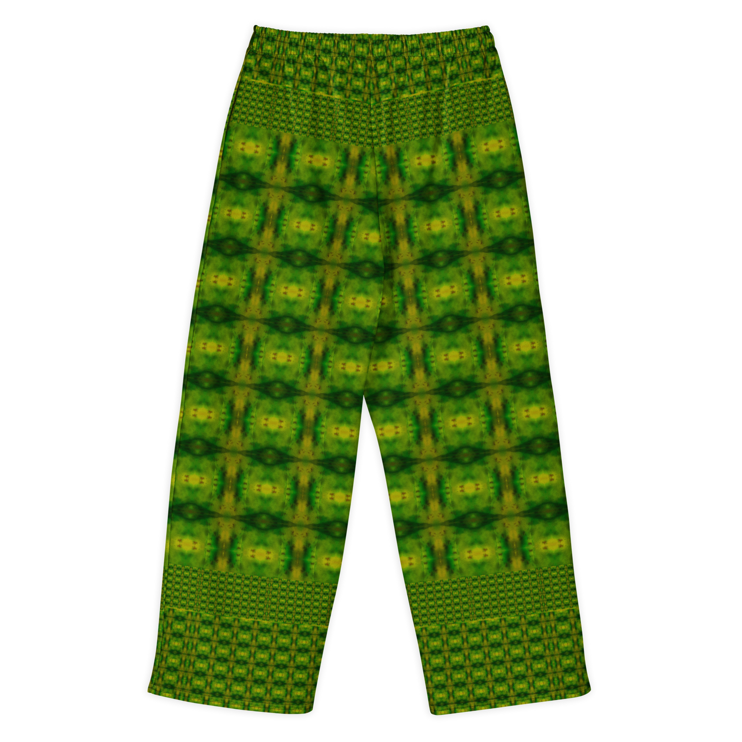 Back view of Purely Jade Light cotton wide leg trousers with elastic waistband and green jade print with small grid-like medallions and border bands by River Jade Smithy.