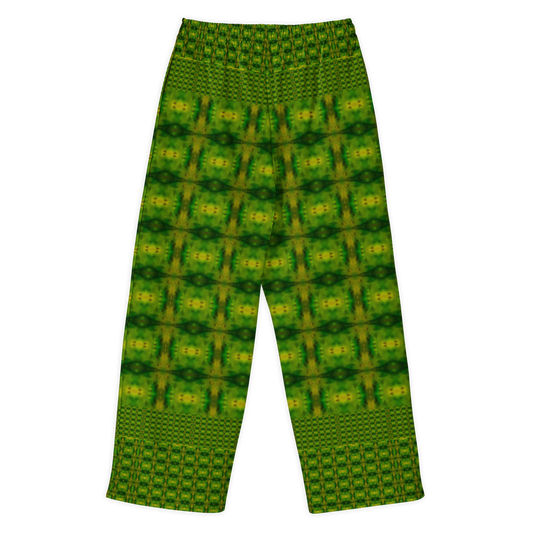 Back view of Purely Jade Light cotton wide leg trousers with elastic waistband and green jade print with small grid-like medallions and border bands by River Jade Smithy.
