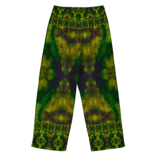 Back view of Purely Jade Light cotton wide leg trousers with elastic waistband and deep green jade print with plum-shadowed central mineral shapes by River Jade Smithy.
