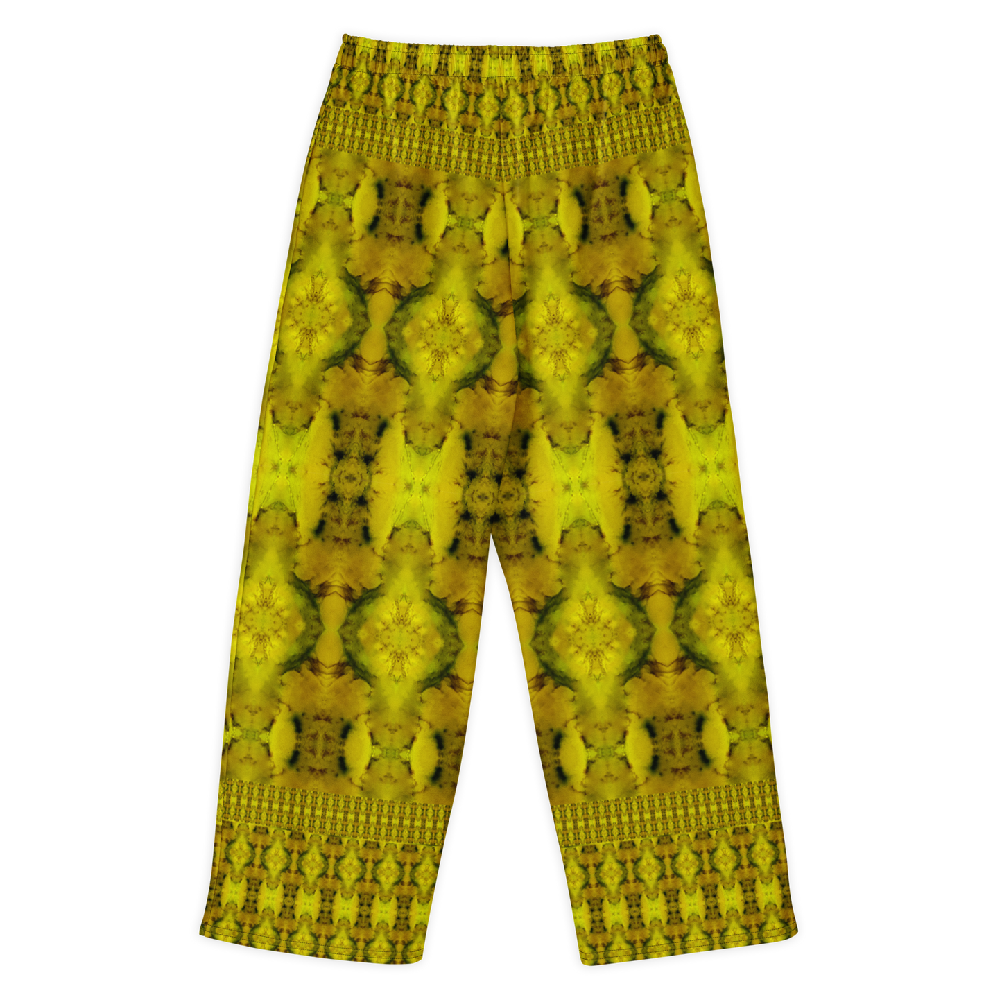 Back view of Purely Jade Light cotton wide leg trousers with elastic waistband and gold jade print with symmetrical mineral medallions by River Jade Smithy.